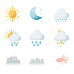 Obraz premium Collection of nine weather icons, including sun, moon, clouds, rain, lightning, and wind, perfect for weather apps and forecasts, websites, and other digital projects needing weather symbols.