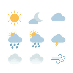 Obraz premium Vibrant set of minimalist weather forecast symbols, featuring sun, moon, clouds, rain, lightning, and wind for digital use.