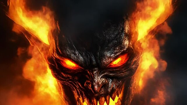 Diablo burning in hell with glowing eyes and smoke