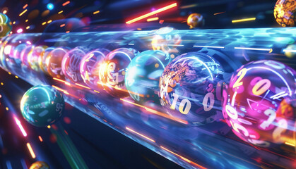 Futuristic Lottery Machine Launching Colorful Balls with Sparks and Light Trails