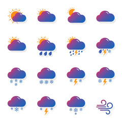 Obraz premium A comprehensive collection of modern gradient weather icons depicting various atmospheric conditions like sun, clouds, rain, and snow.