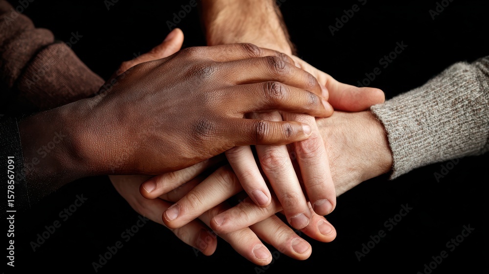 Poster a group of diverse hands coming together in a gesture of unity and support