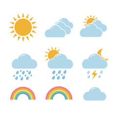 Obraz premium Collection of cute weather icons: sun, clouds, rain, rainbow, and lightning, perfect for children's illustrations, websites, or app design, offering a cheerful and simple aesthetic.