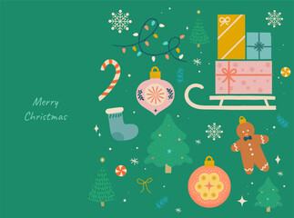 Merry Christmas card. Festive and colorful illustration featuring various Christmas elements set.