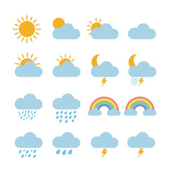 Obraz premium A collection of weather icons showcases various conditions like sunshine, clouds, rain, and rainbows, presented in a clean and modern vector style suitable for design projects.