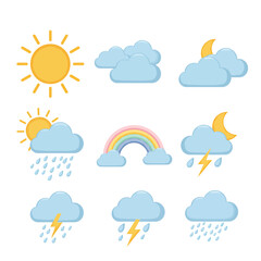 Obraz premium Collection of diverse weather icons including sun, clouds, rain, lightning, and rainbow, presented in a clean, graphic style.
