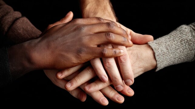 A group of diverse hands coming together in a gesture of unity and support