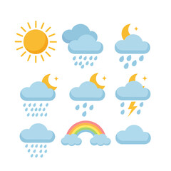 Obraz premium A vibrant illustration showcasing various weather conditions, including sunny skies, rainy clouds, moonlit nights, and a colorful rainbow against a clean white background.