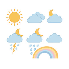 Obraz premium A collection of simple, flat illustration icons depicting various weather conditions including sun, moon, clouds, rain, lightning, and a rainbow.