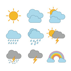 Obraz premium A collection of colorful, flat design weather forecast icons illustrating various atmospheric conditions like sun, clouds, rain, and lightning.