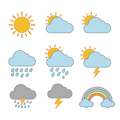 Obraz premium Collection of nine colorful weather icons, including sun, clouds, rain, lightning, and a rainbow, perfect for weather apps, websites, or presentations needing a child-friendly design aesthetic.