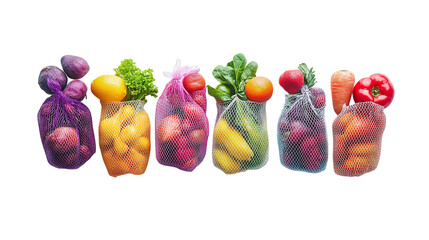 • A vibrant flat-lay of fresh produce in reusable mesh bags, isolated on white background in HD 