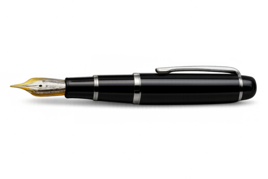 Elegant fountain pen resting horizontally, black body gleaming with gold nib and silver trim against crisp transparent backdrop