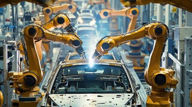Automated car assembly line with robots