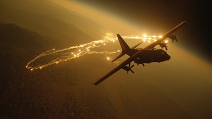 Military transport plane releases heat flares