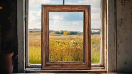 Rustic wooden frame reflecting scenic meadow view - Powered by Adobe
