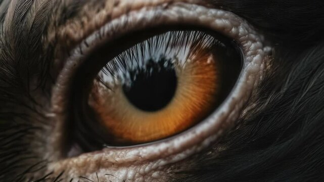 Animal eye focusing on a distant object, with brown patch in center of pupil.