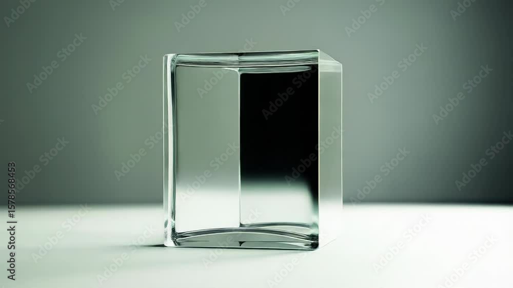 Poster empty glass cube displaying light and shadow on neutral background