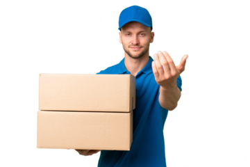 Delivery caucasian man over isolated background inviting to come with hand. Happy that you came