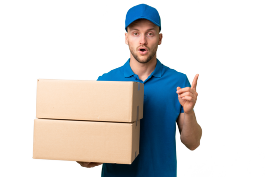 Delivery caucasian man over isolated background intending to realizes the solution while lifting a finger up