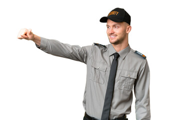Young security caucasian man over isolated background giving a thumbs up gesture