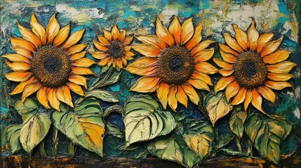 Three sunflowers in a textured, artistic painting.