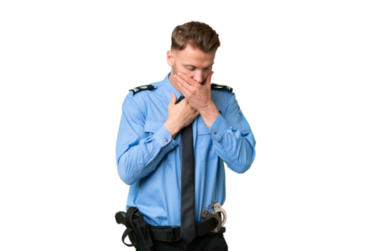 Young police man over isolated background is suffering with cough and feeling bad