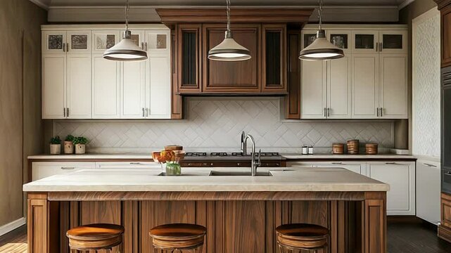 Classic and modern kitchen design with island and stools