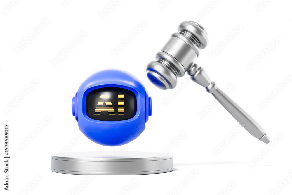 Poster robot head with ai text and judge gavel symbolizing artificial intelligence regulation on white back