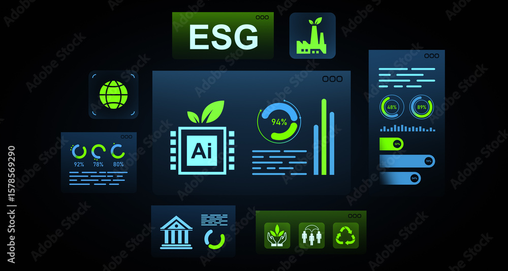Poster esg and ai integration dashboard with eco-friendly data visualization and sustainability indicators 