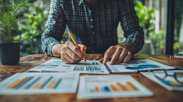 Business analysis and sales growth concept: Businessman analyzing sales data and growth strategy using digital marketing interface and modern business development tools.