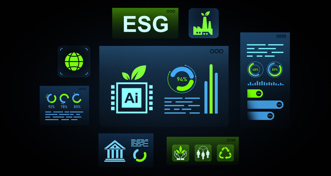 ESG and AI integration dashboard with eco-friendly data visualization and sustainability indicators in futuristic UI style on dark background concept. 3D Rendering