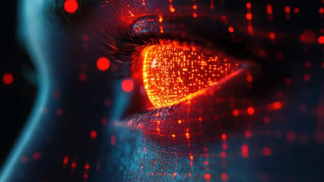 Sci-fi digital illustration of a human eye enhanced with futuristic bioluminescence and data integration elements.