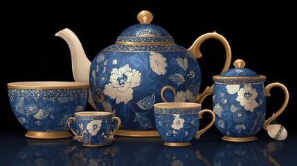 A detailed set of ornate blue and gold teaware, featuring floral patterns