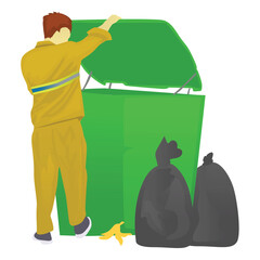 garbage man working while opening trash bin