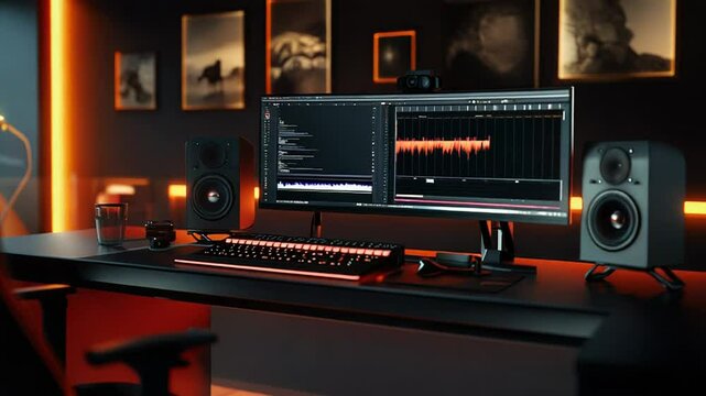 Modern home studio setup with computer and audio equipment displaying sound waveform
