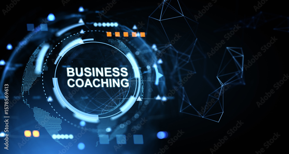 Aufkleber futuristic business coaching concept with glowing digital interface and network lines on dark blue b