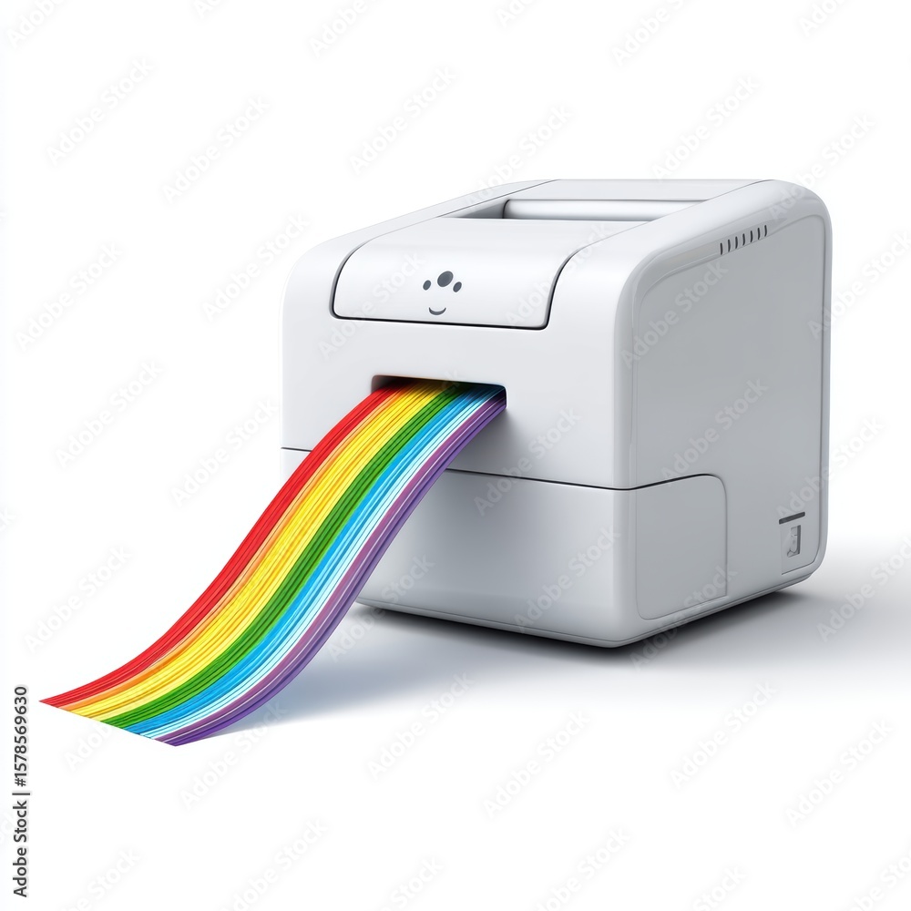 Fototapete A compact white printer with a smiling face prints a vibrant rainbow-colored paper strip on a white background, AI computer devices on a plain background