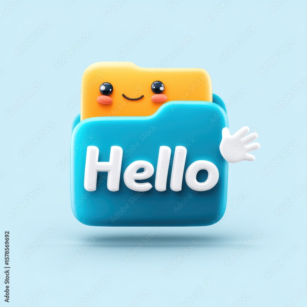 Fototapete a cute, smiling cartoon folder with a waving hand says 