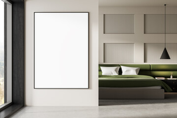 Blank poster mockup in modern bedroom interior with green bed and stylish decor for art or...