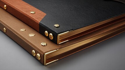 Two stacked leather binders with metal accents, close-up, showing different colors