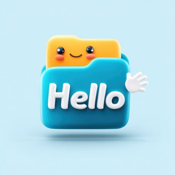 A cute, smiling cartoon folder with a waving hand says "Hello" on a blue background, AI computer devices on a plain background