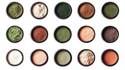 • A vibrant flat-lay of superfood powders and supplements, isolated on white background in HD 