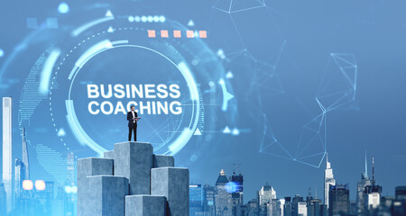 Business coaching concept with businessman on abstract podium ov
