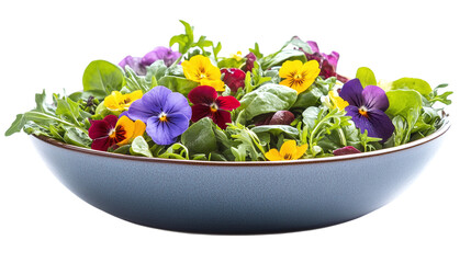 • A vibrant salad bowl with fresh greens and edible flowers, isolated on white background in HD 