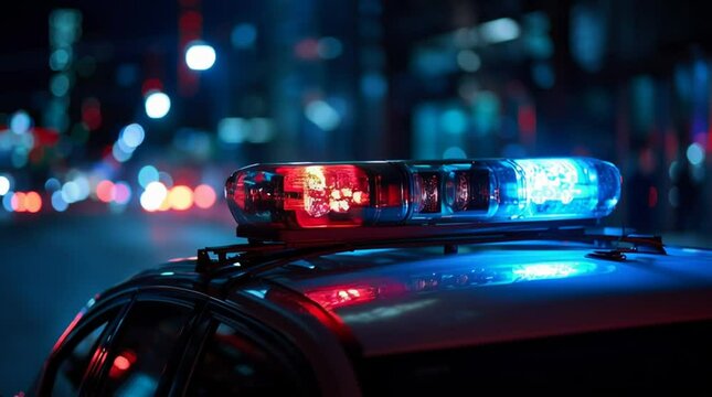 Police car with flashing siren lights. Law enforcement chases malefactor. Road police with red and blue flashing lights