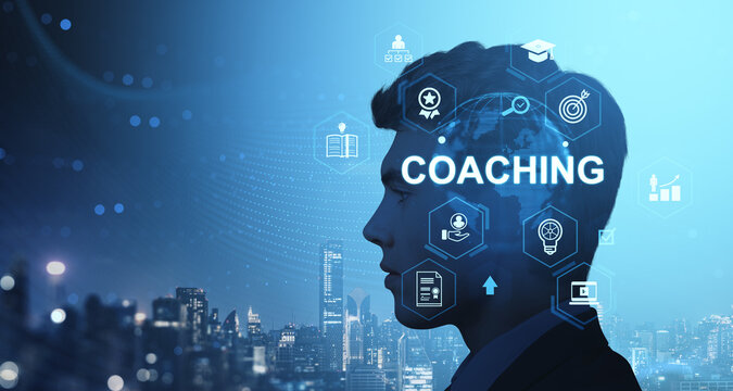 Silhouette of businessman with digital coaching icons overlayed - Powered by Adobe
