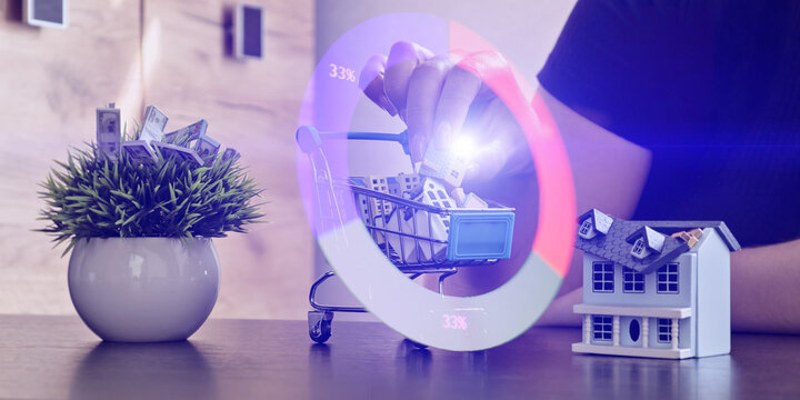 Creative concept showing property models in a shopping cart with pie chart overlay, symbolizing real estate portfolio diversification and spending.
