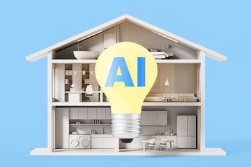 Smart home AI concept with glowing yellow light bulb inside modern house interior cross-section on...