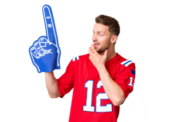 Young caucasian sports fan man over isolated chroma key background with surprise and shocked facial expression